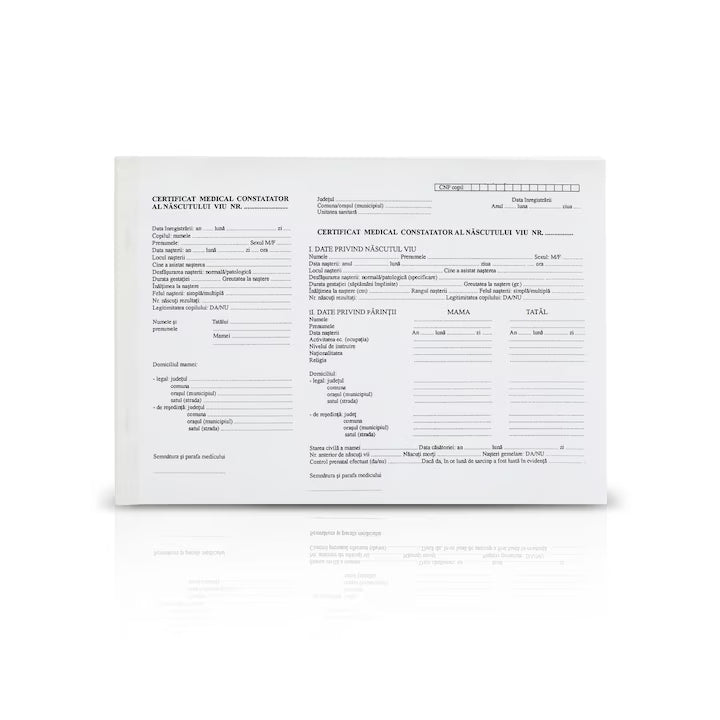 Cetificat medicat constatator al nascutului viu, A4, 100 file, hartie 70 g, coperta hartie, landscape