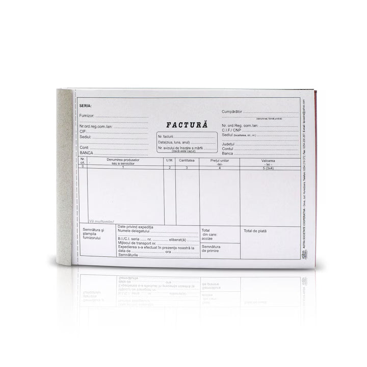 Factura fara TVA, A5, 150 file, hartie autocopiativa, 3 exemplare, coperta carton, landscape