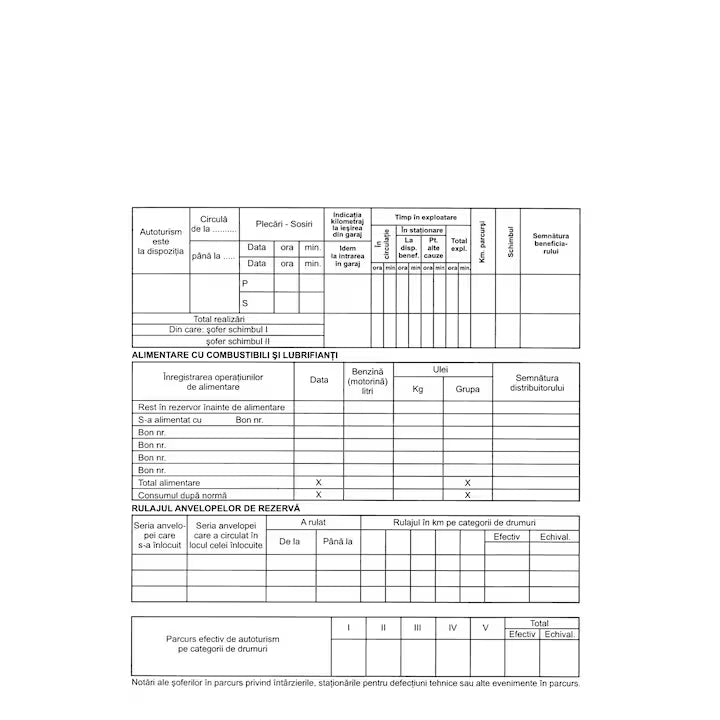 Foaie de parcurs autovehicule, A4, 100 file, hartie 70 g, coperta hartie, landscape - Tipografia Astra