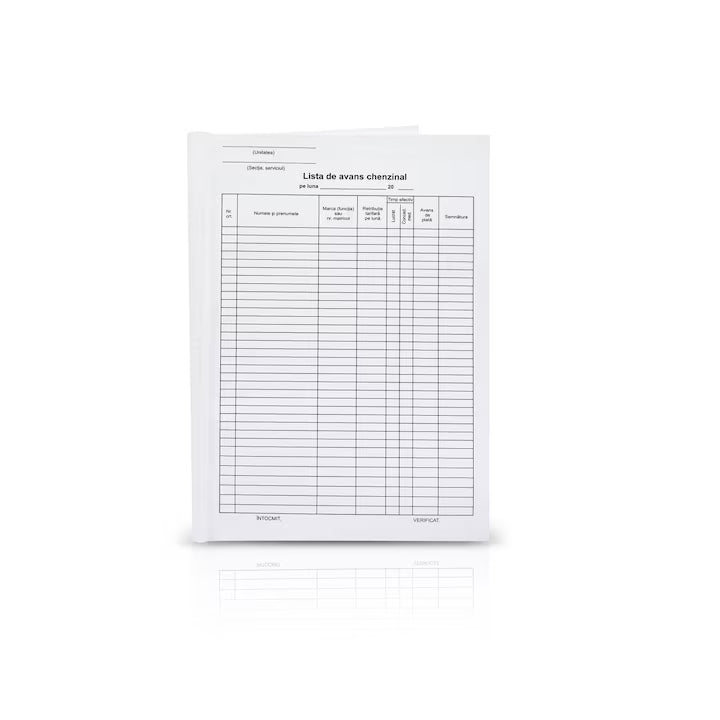 Lista avans chenzinal, A4, 100 file, hartie 70 g, coperta hartie, portrait