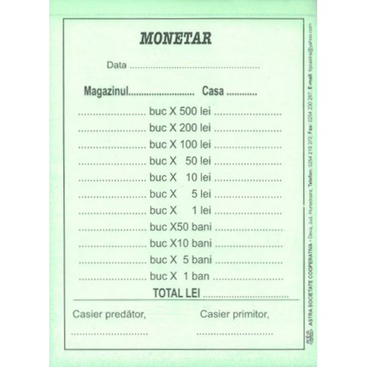 Monetar, A6, 100 file, hartie autocopiativa, 2 exemplare, coperta carton, portrait