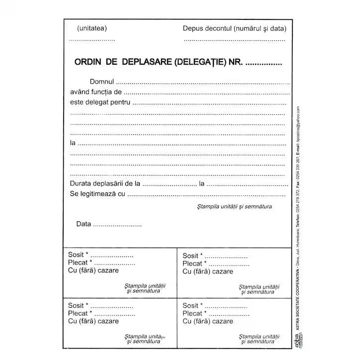 Ordin deplasare, A5, 100 file, hartie 70 g, coperta hartie, portrait