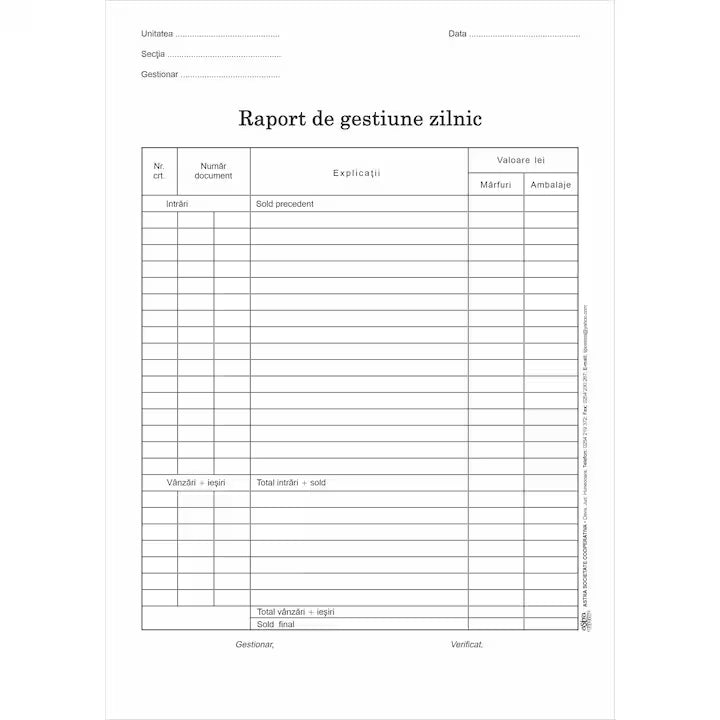 Raport de gestiune zilnic, A4, 100 file, hartie 70 g, coperta carton, portrait
