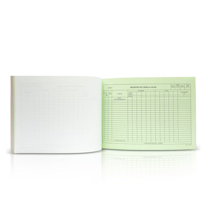 Registru de casa in valuta, A4, 100 file, hartie autocopiativa, 2 exemplare, coperta carton, landscape - Tipografia Astra