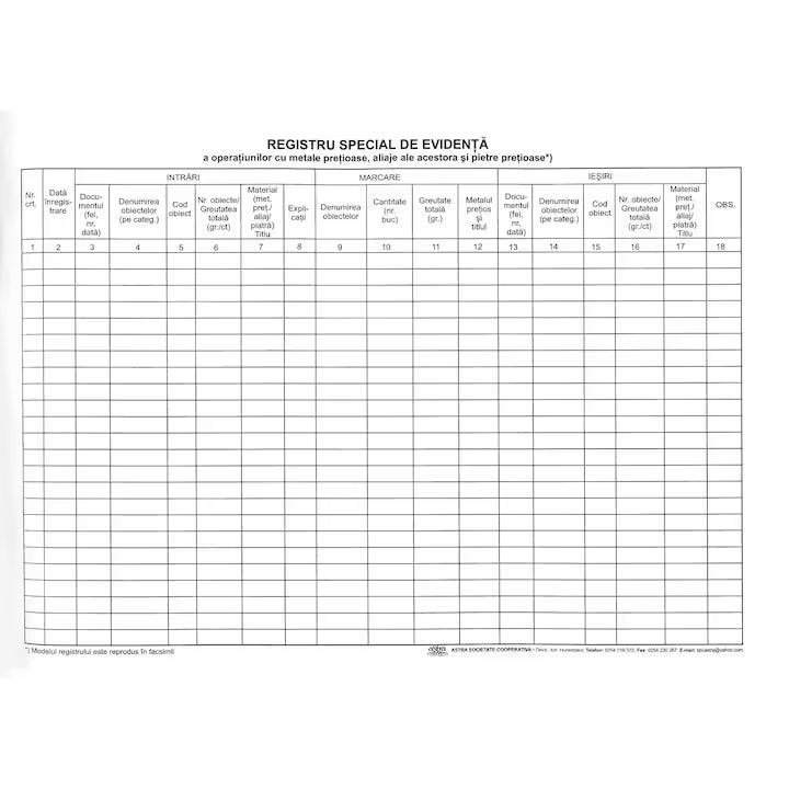 Registru operatii metale pretioase, snuruit, A3, 100 file, hartie 70 g, coperta mucava landscape