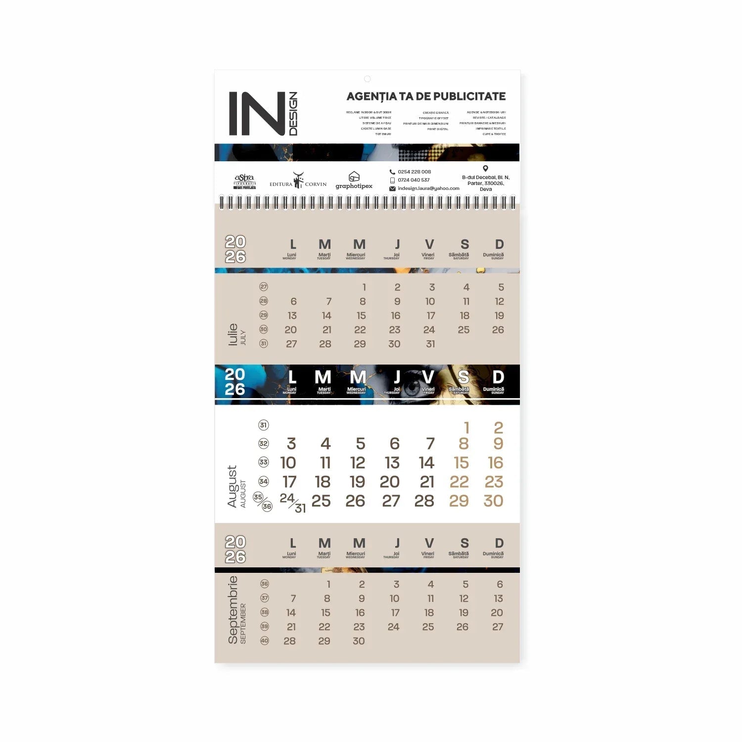 Calendar de perete, 2026, 32x45cm, 12 pagini, hartie speciala, arc metalic - Tipografia Astra